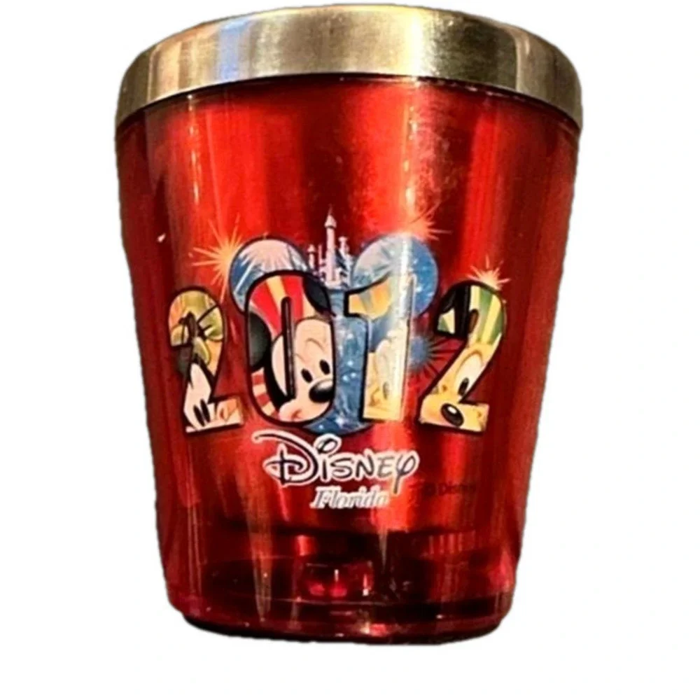 Disney Mickey Goofy Donald and Pluto 2012 Red Plastic & Metal Shot Glass 1.5oz
